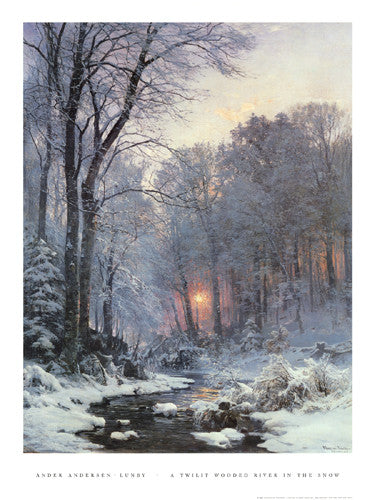 A Twilit Wooded River in the Snow by Ander Andersen-Lunby - FairField Art Publishing